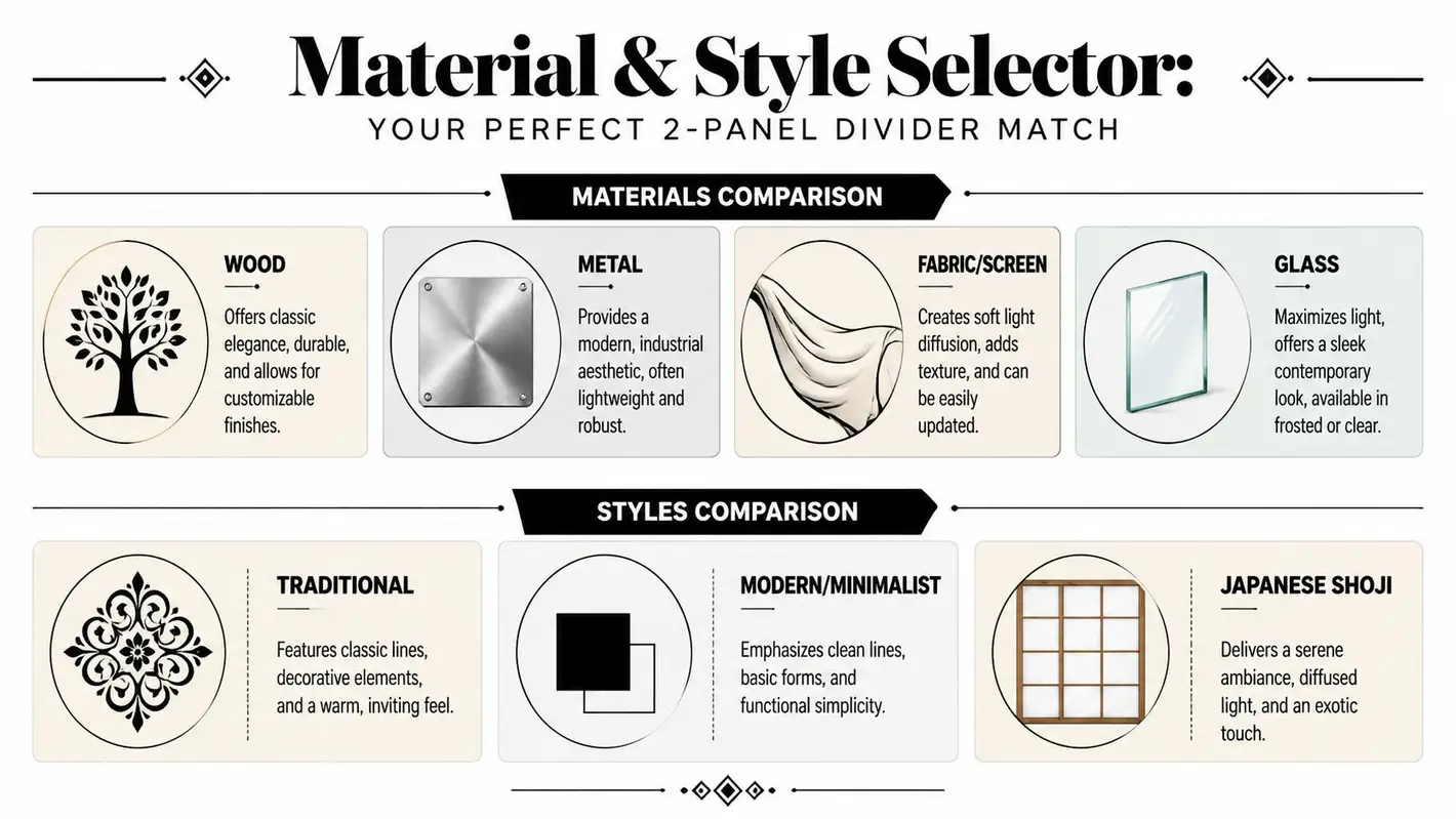 An infographic titled Material & Style Selector comparing different materials and design styles for 2-panel room dividers.