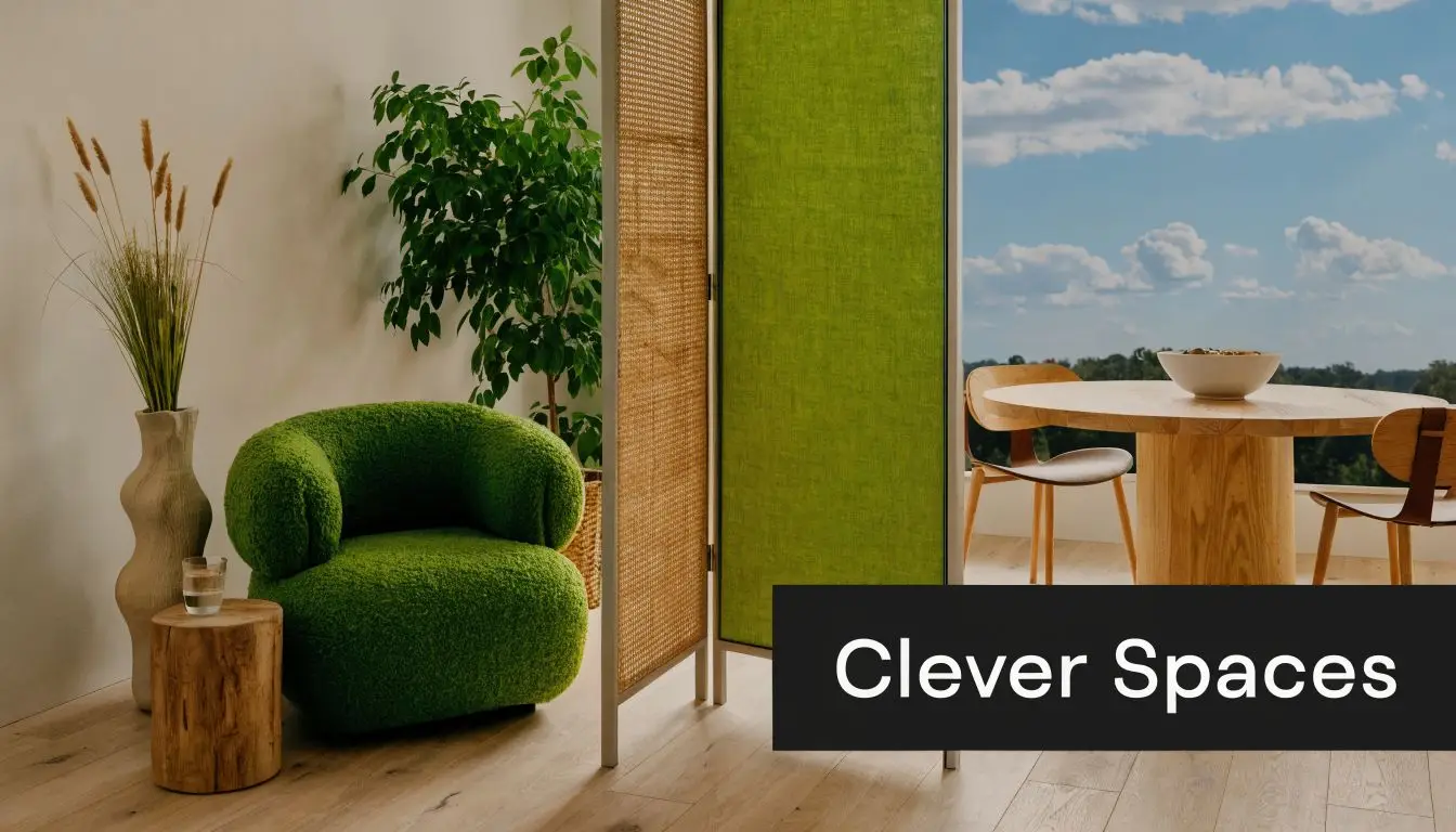 A modern room with a green armchair, a woven room divider, and a wooden dining table area.