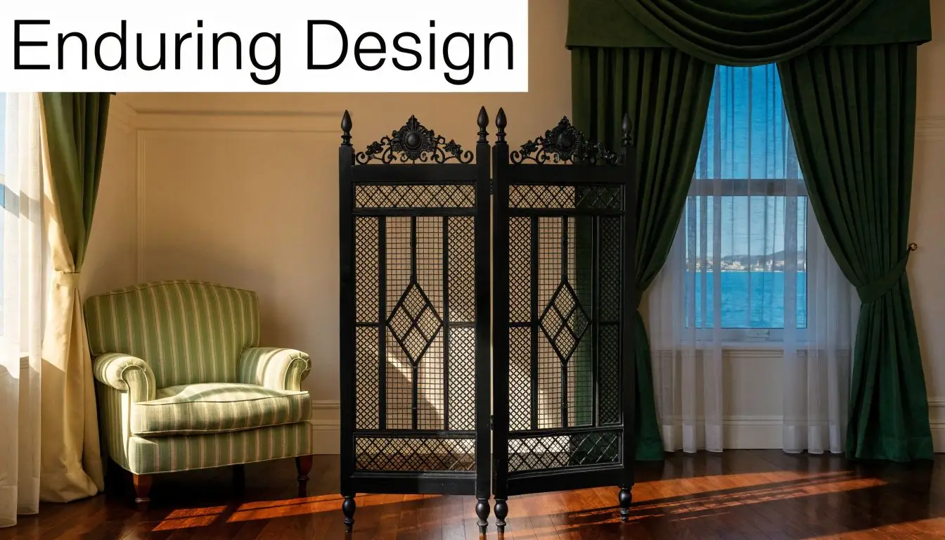 A black wooden two panel room divider stands in a sunlit room near a striped armchair.
