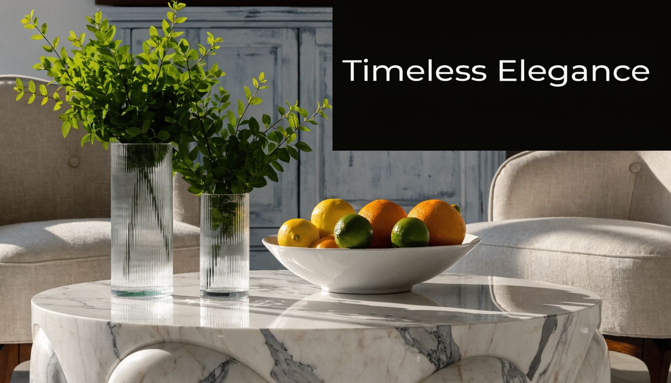 A luxurious marble coffee table featuring a bowl of citrus fruits and a glass vase with greenery.