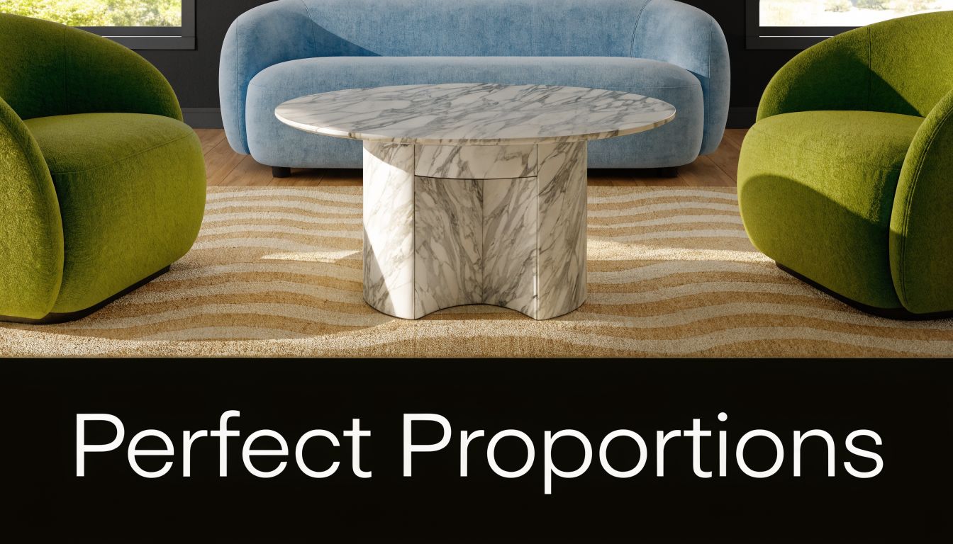 A luxurious marble coffee table sits between two olive green armchairs and a light blue sofa.