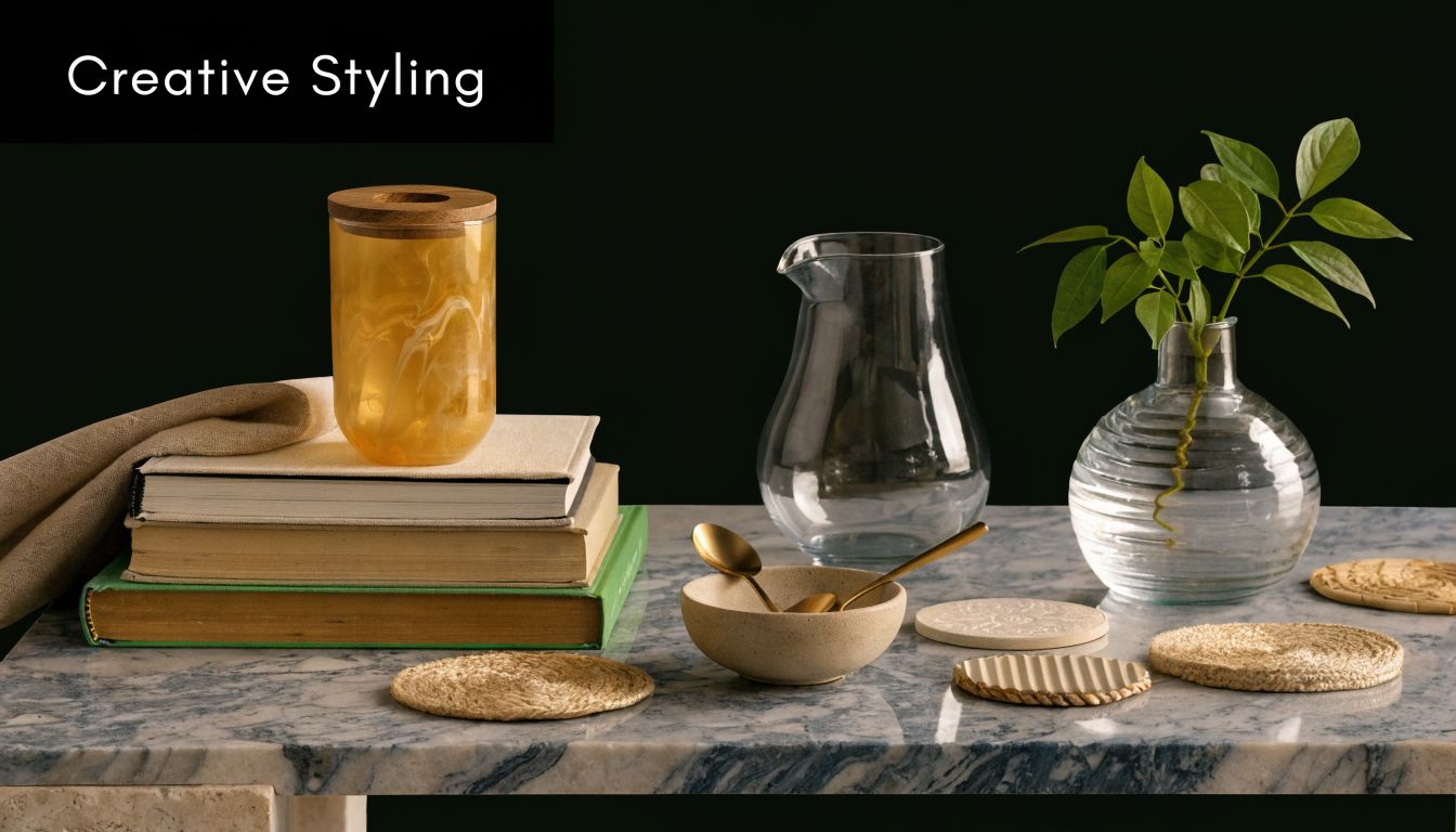 A still life composition featuring a marble coffee table with books, a jar, a pitcher, and coasters.