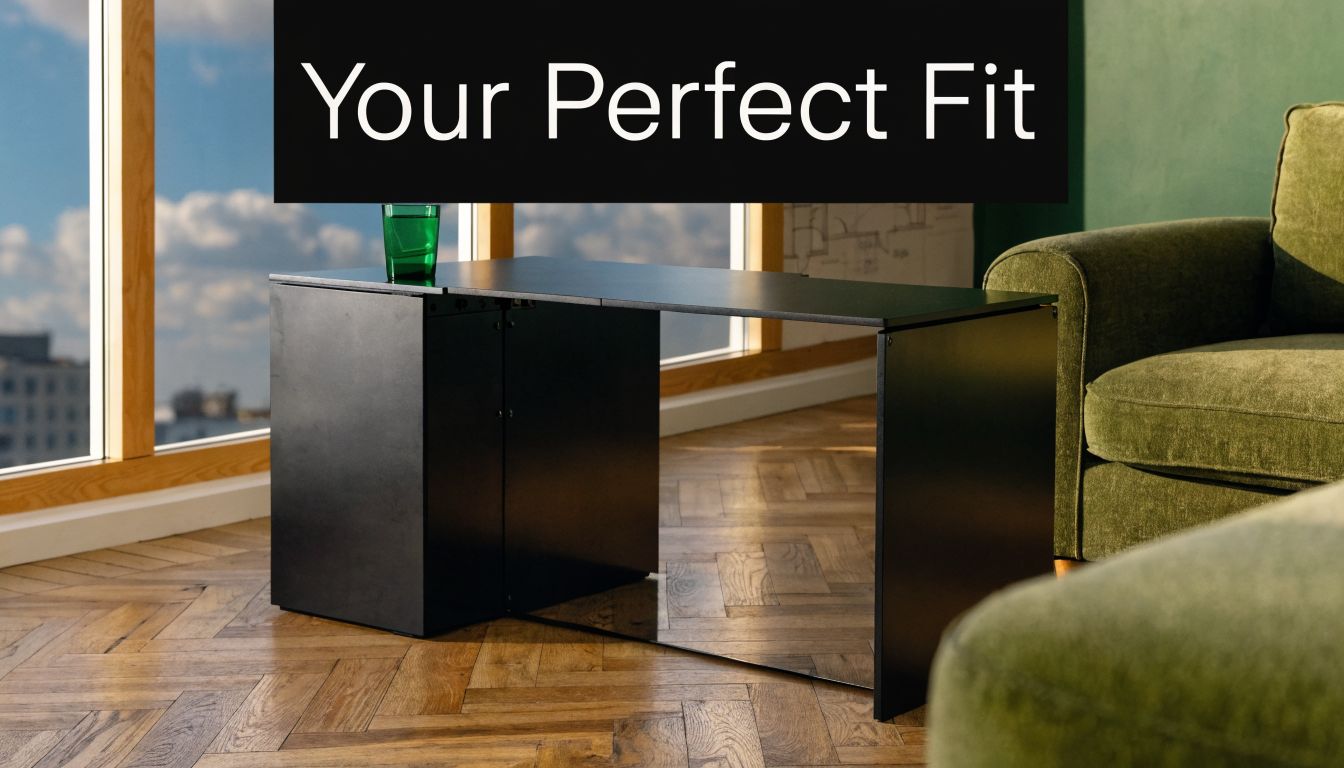 A sleek black modern desk with a mirror base sits on a hardwood floor next to an armchair.