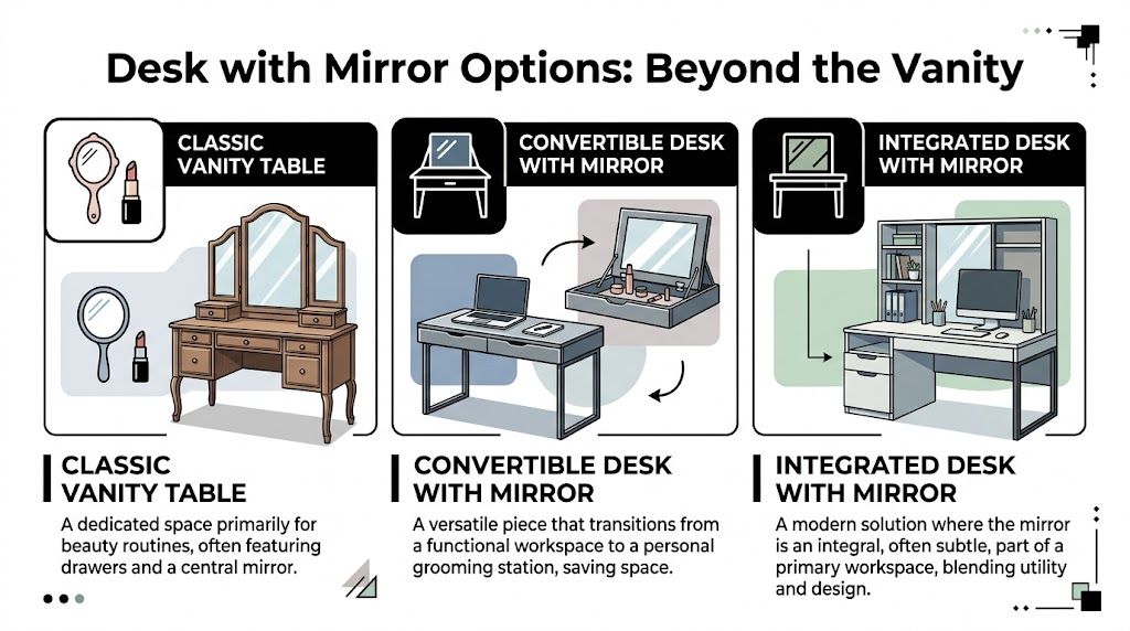 An infographic illustrating three different types of desks with mirrors: classic vanity, convertible desk, and integrated desk.