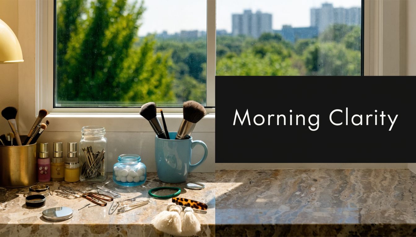 A collection of makeup brushes and accessories arranged on a marble windowsill with a city view.