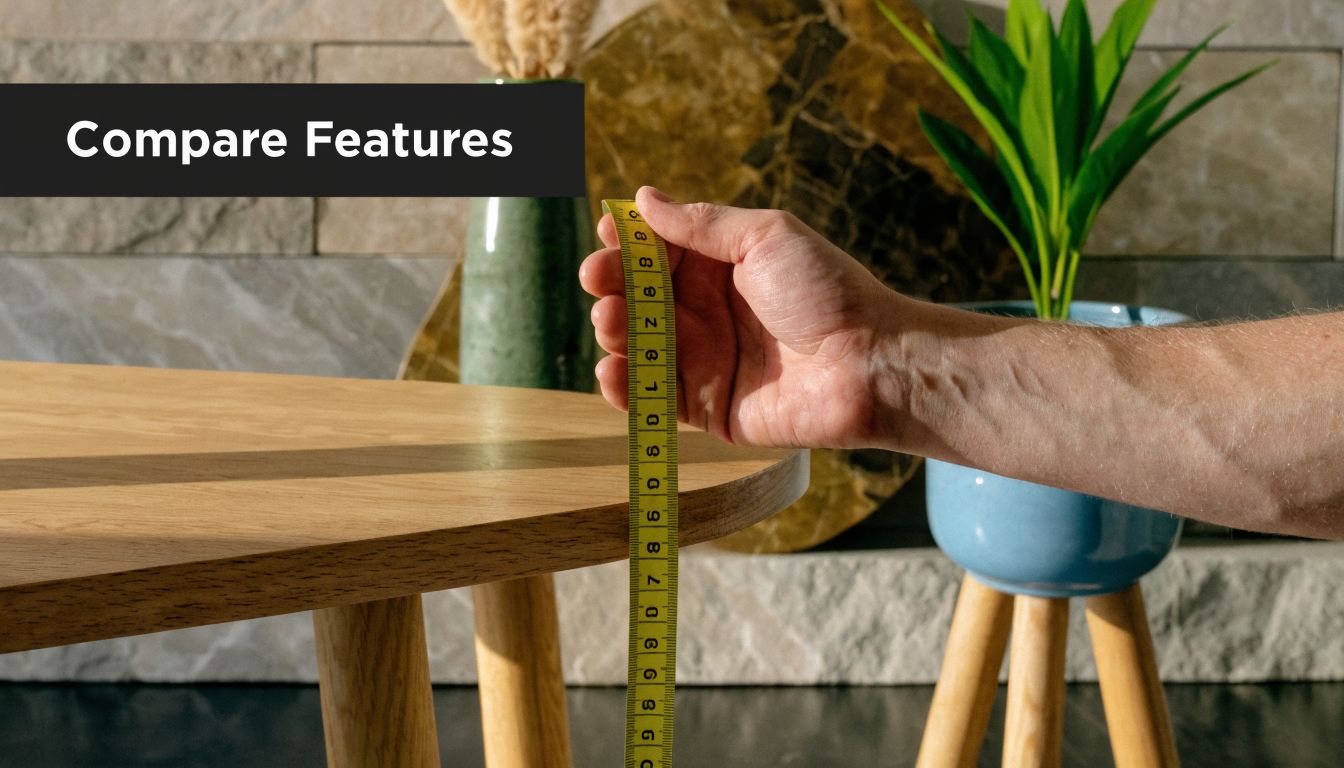 A close up view of a hand holding a measuring tape against a wooden round table.