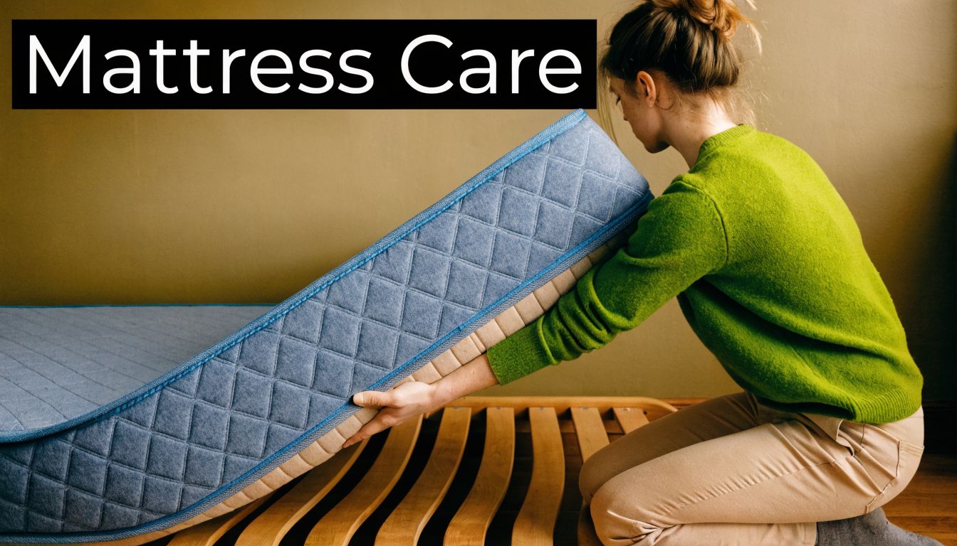 A woman kneeling on the floor, lifting and repositioning a blue quilted mattress on a slatted bed frame.