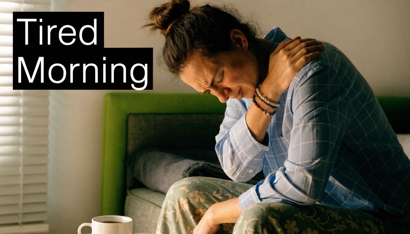 A tired woman sits on her bed clutching her aching shoulder early in the morning.