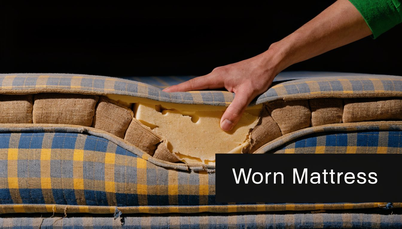 A person pushing their hand into a worn-out mattress, revealing damaged foam cushioning and torn fabric lining.