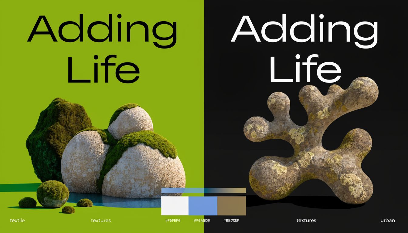 Split screen image showing natural moss-covered rocks on green background and a lichen-textured organic sculpture on black.